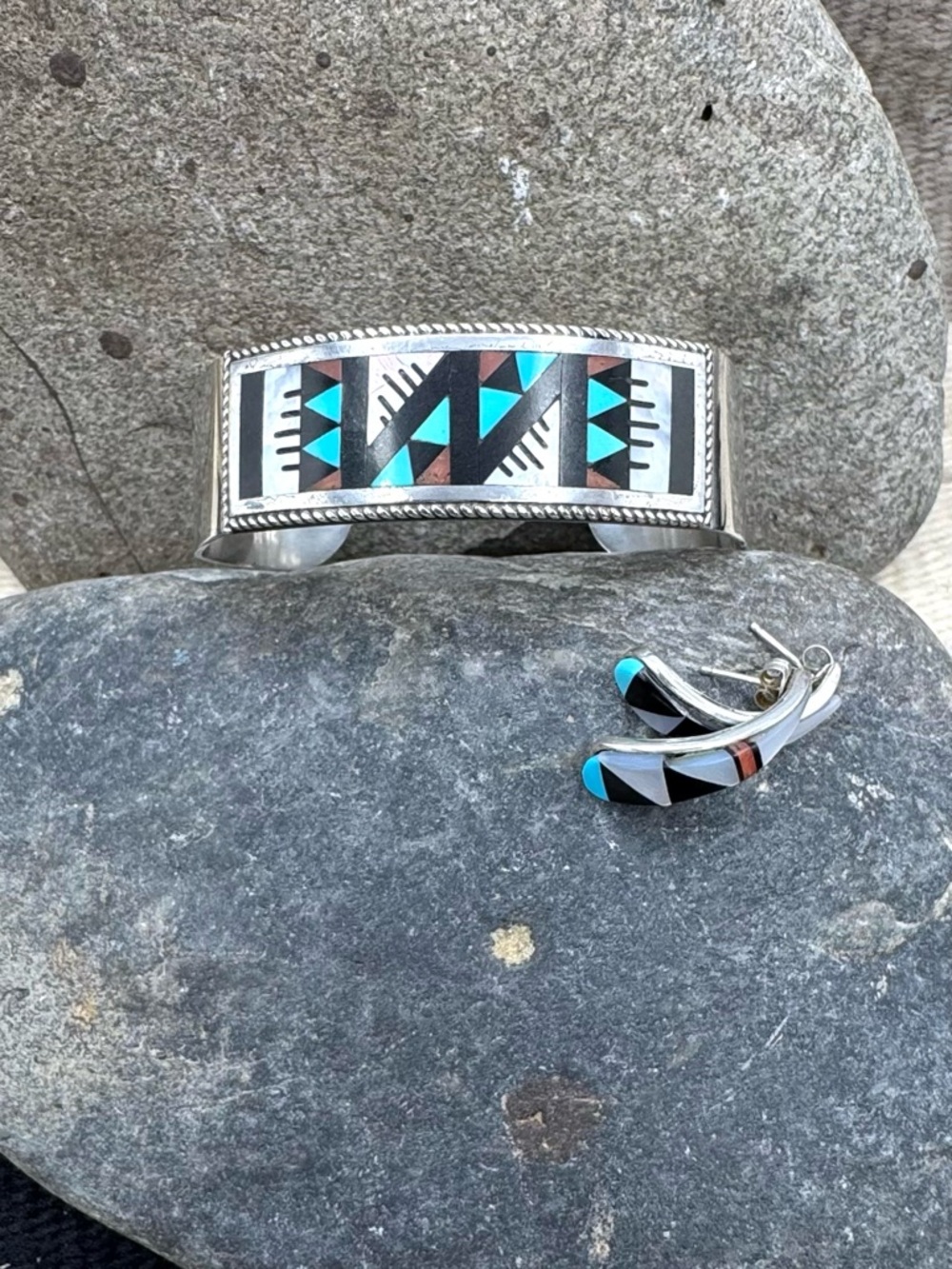 Leander and Lisa Othole Zuni Multi Stone Inlay Sterling Silver Cuff Earrings Set